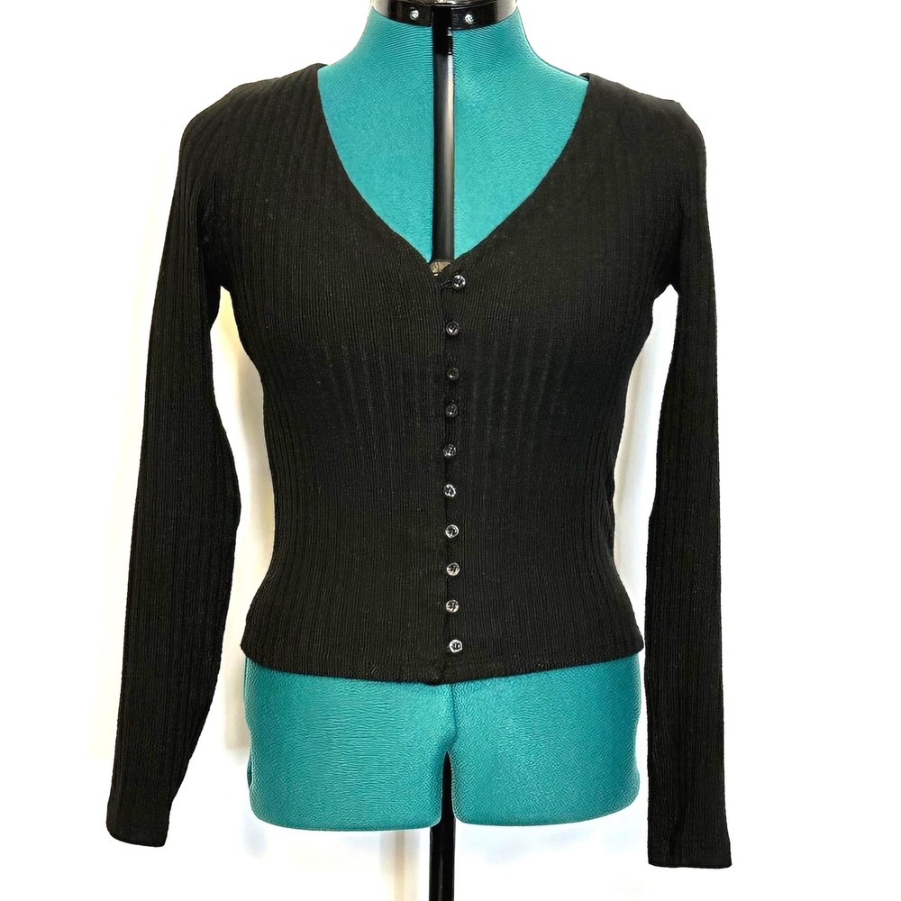 Maeve‎ Anthropologie Black Ribbed Sparkle Button Up V Neck Cardigan Sweater XS